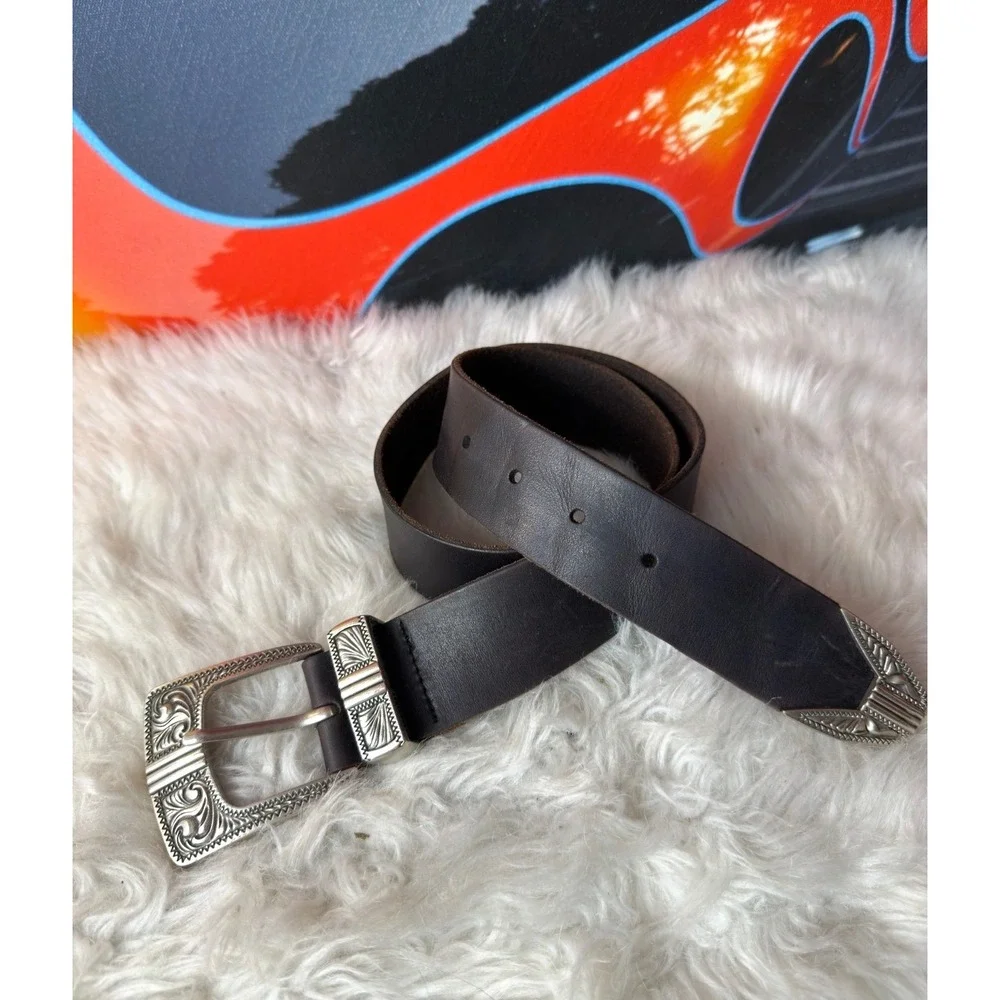 Urban Outfitters Brown Leather Western Belt Silver Engraved Buckle Tip Size S